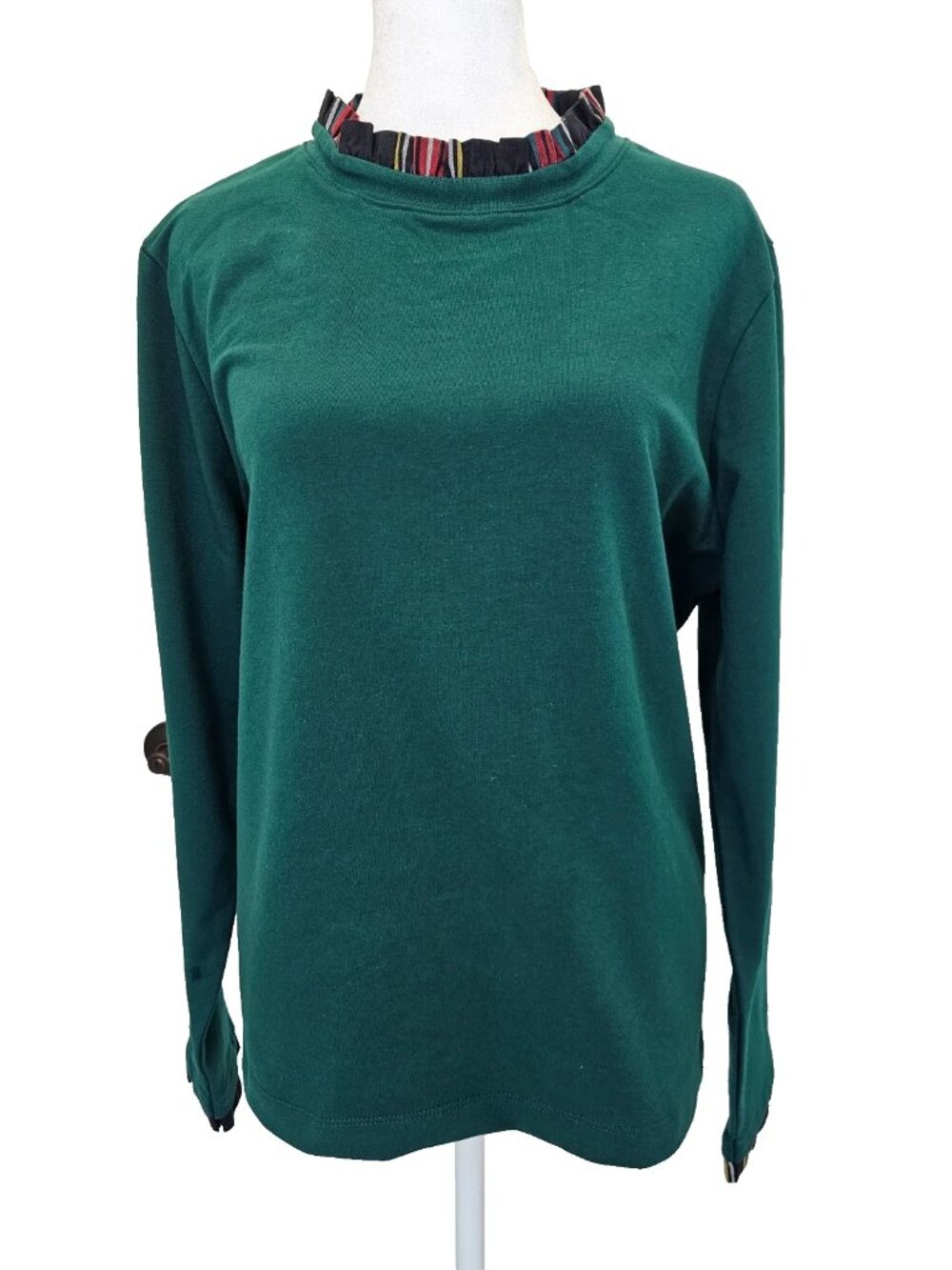 J. Crew Green with Plaid Ruffled Collar Long Sleeved Blouse, Size L